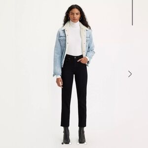 Levi's Black 724 High Rise Straight Leg Cropped Jeans with Distressed Hem, Knee